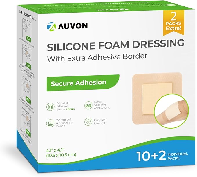 AUVON Silicone Foam Dressing with Large Adhesive Border, 4" x 4" 12 Packs Wound Dressing Bandage with High Absorbency, Waterproof Silicone Foam Pads for Wound Care & Protection Plus Cushioning