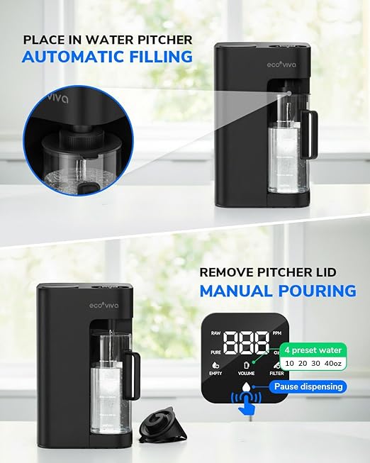 Ecoviva Mate 3 Countertop Reverse Osmosis Water Filter, 8-Stage RO Water Filtration System with 40oz Water Purifier for Home, 3:1 Pure to Drain, Auto Water-Filling, NSF Certified