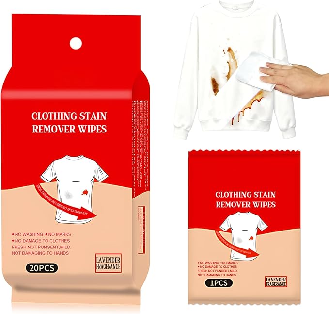 Stain Wipes, Stain Removal Wet Wipes Quick-Cleaning No Water Needed Gentle on Clothes Individually Packaged Compact and Portable for Travel Restaurant Office, 20Pieces