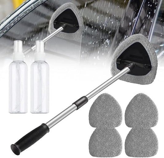 Car Windshield Cleaning Tool Set, Interior Exterior Auto Glass Cleaner Kit with Extendable Handle and 4 Reusable Microfiber Pads for Cars Trucks and Home (Grey)