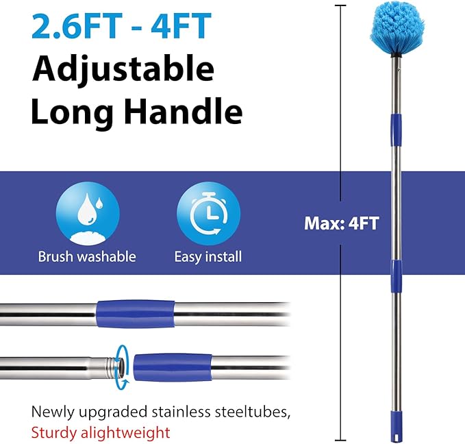 Cobweb Duster with Extension Pole,4FT Stainless Steel Spider Web Brush with Pole,Cobweb Duster Outdoor for High Ceilings and Surfaces,Steel Long Handle, Lightweight Cleaner