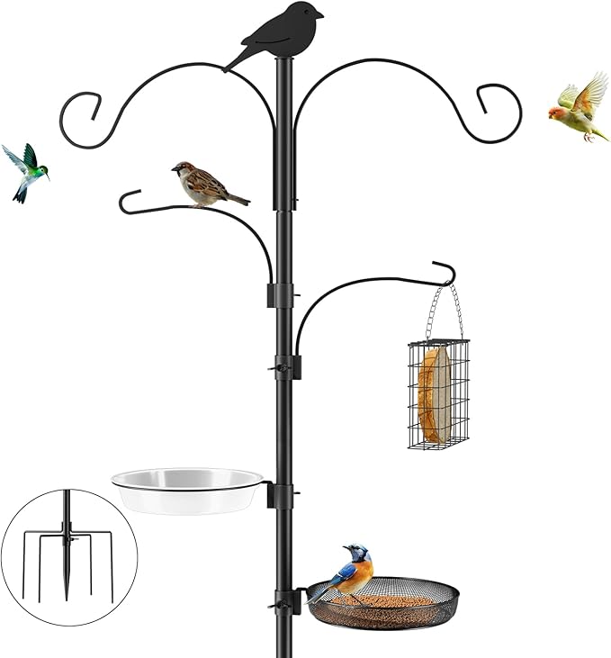 Bird Feeder Pole, 91in 4 Hook Bird Feeding Station Kit with Adjustable Shepherds Hooks, Birds Feeder for Outdoors with Pole 5 Prongs Base Attracting Wild Birds (ATR Deco, Black 91in)