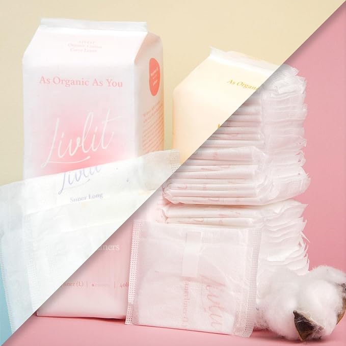 Livlit Ultra Thin Panty Liners Sanitary Pads, 100% Certified Organic Cotton from Texas, Light Absorbency, Chlorine Free, Unscented, Hypoallergenic Panty Liners for Women (40 Count)
