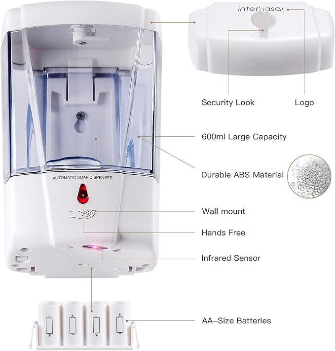 interhasa! Soap Dispenser, Touchless Hand Sanitizer Dispenser Wall Mount Automatic Kitchen Soap Dispenser for Commercial Home, Office, 600ml/20oz