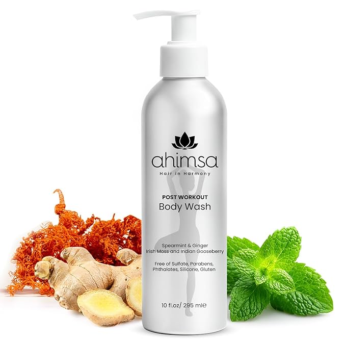 Ahimsa Natural Body Wash for Women, Hydrating & Moisturizing Body Wash Sensitive Skin, Antioxidant-Rich Bath & Shower Gels with Spearmint & Ginger, Gentle, Plant-Based, Organic Formula, 10oz