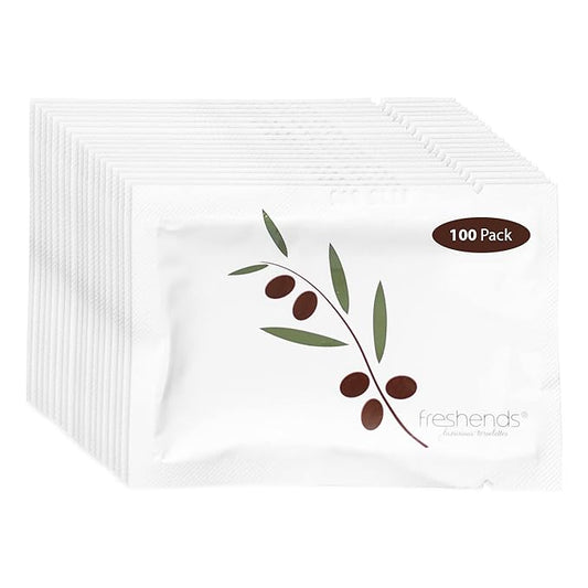 Freshends Flushable Individually Wrapped Wipes – 100 Bulk Pack Luxurious Towelettes, Guest Bathroom Essentials for Weddings, Restaurants, Bars & Clubs – Olive, Travel-Size, Disposable