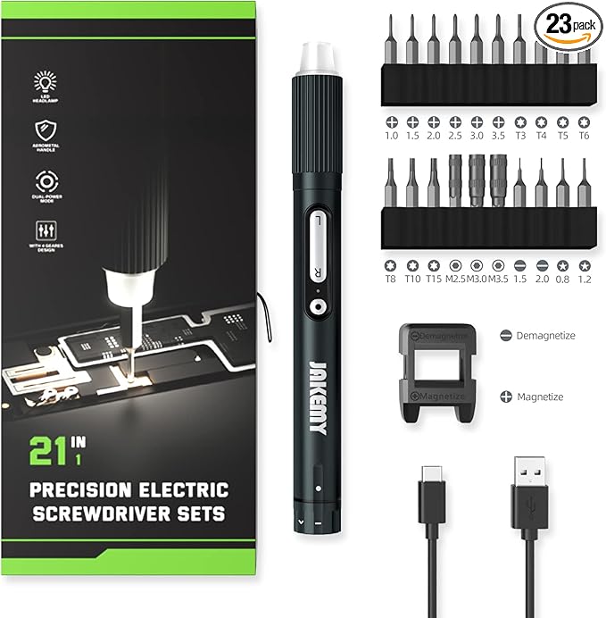 Small Electric Screwdriver Set, JAKEMY Adjustable 3 Torque Cordless Screwdriver Set for Laptop, Rechargeable Mini Computer Screwdriver Kit for Electronics Repair with Shadowless LED Lamp