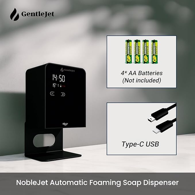 NobleJet Automatic Foaming Soap Dispenser Touchless - USB-C or Battery Powered, Aluminum Alloy Body, LED Display, Wall Mount or Countertop, Adjustable Automatic Soap Dispenser Touchless