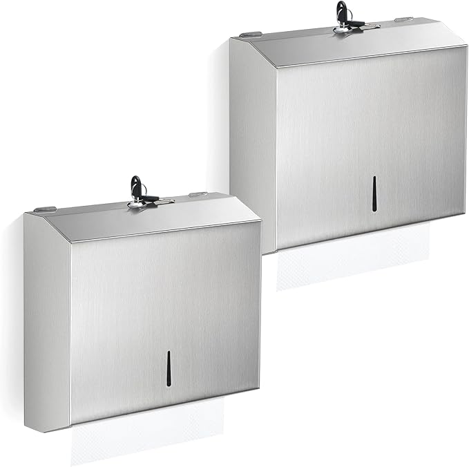 LemonRoad 2 Pcs Paper Towel Dispenser Wall Mount Commercial Stainless Steel Paper Towel Holder 310 C Fold Multifold Hand Tissue Holder, Large Capacity and Lock Design