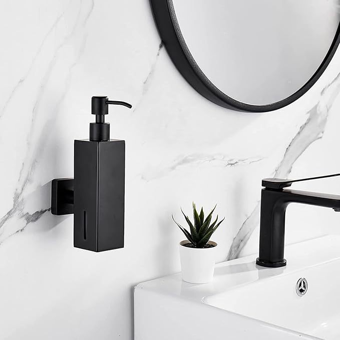 Soap Dispenser Stainless Steel Wall Mounted Soap Dispenser with Pumps Drill-Free Rustproof Shower for Kitchen and Bathroom, Black, Square, Wall Mounted