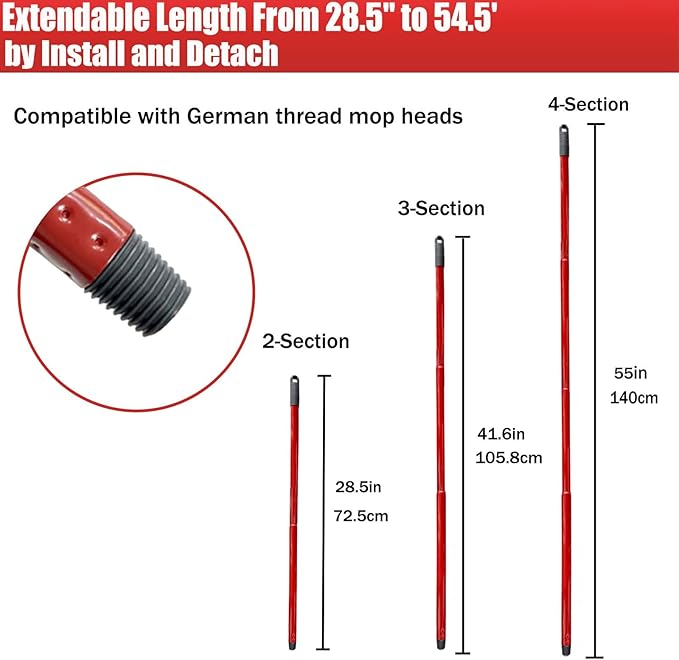 Mop Handle for Ocedar, Spin Mop Handle for O Cedar 4-Section 28.5-to-55inch Mop Replacement Stick Compatible with Ocedar Easy Wring Mop Refills Germany Screw Joint