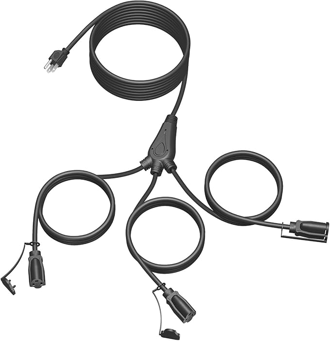 28Ft Outdoor Extension Cord, 1 to 3 Splitter Heavy Duty Weatherproof Power Cord, 16/3 SJTW, 3 Grounded Outlets Flat Plug for Patio, Garden, Halloween Displays, Christmas Lights ﻿