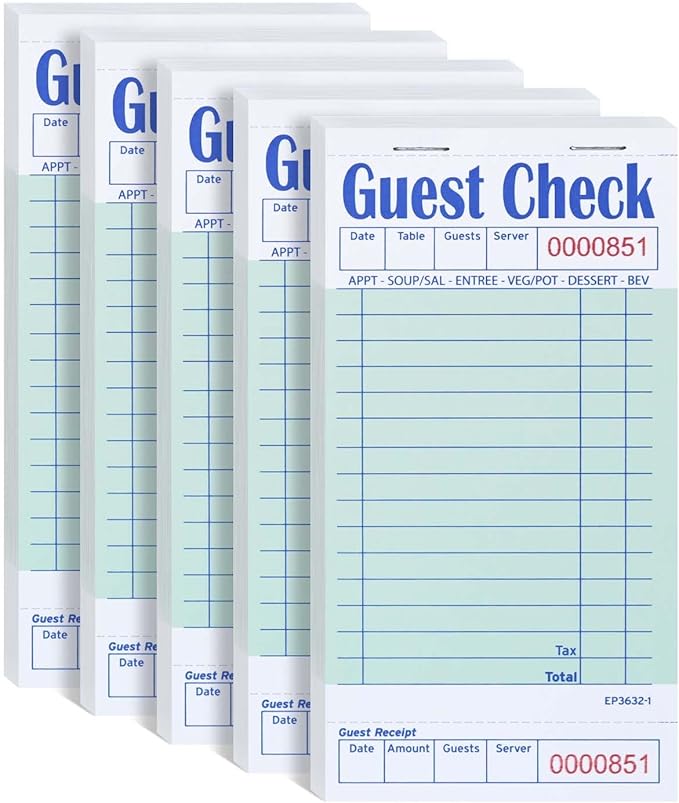 DGBDPACK Guest Check Books for Servers, 5 Pack of EP-3632-1 Server Note Pads, Thick Server Paper with Guest Receipt, Waitress Notepads - 250 Orders Total (Green, 6.75"x3.5")