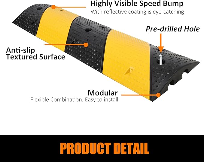 3.3 Ft Rubber Speed Bumps 2 Pack, Heavy Duty Speed Bumps for Driveway Rubber Gravel Road Asphalt Parking, Modular Driveway Speed Bumps Cable Protector Ramp with 6 Bolts Spikes