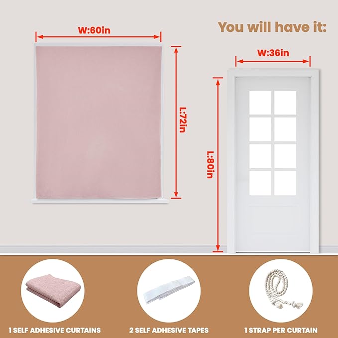 JILROIN Self Adhesive Curtains,100% Blackout Window Cover,No Drilling,Easy to Install,Provides Privacy Protection for Bedrooms (Light Pink - W60 × L72 in)