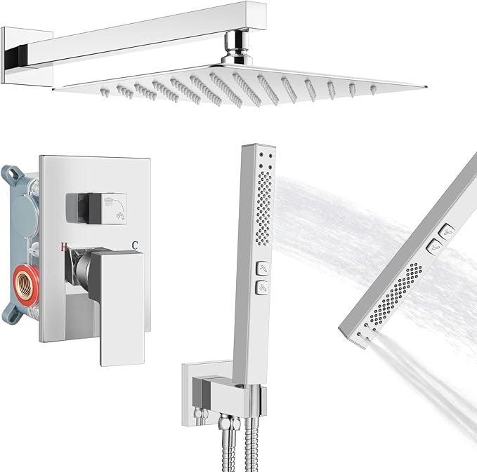 Shower Faucet Set Rainfall Shower System with Square Showerhead and Handle Set Fixture with 2 in 1 Function Handheld Sprayer Wall Mounted Trim Repair Kit Rough-in Valve 10 Inch Polish Chrome