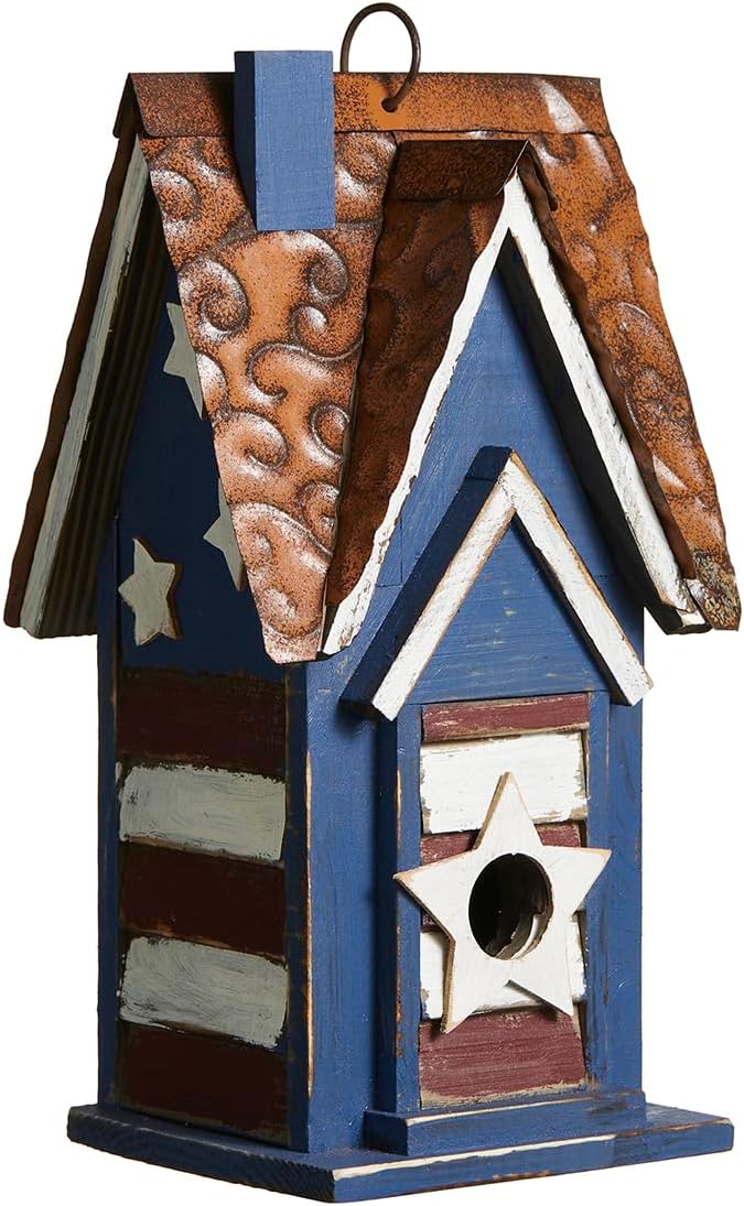 Glitzhome 12.25" H Patriotic Distressed Birdhouse for Outdoors, Solid Wood Villa Decorative Pet Cottage Outdoor Hanging Birdhouse with 3D Star for Garden Patio Backyard
