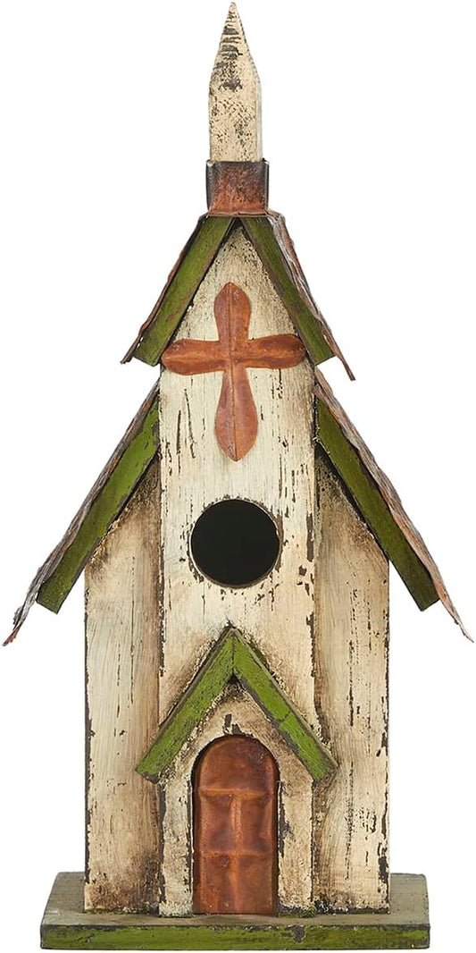 Glitzhome 14" H Hanging Distressed Wooden Church Birdhouse Garden Decor