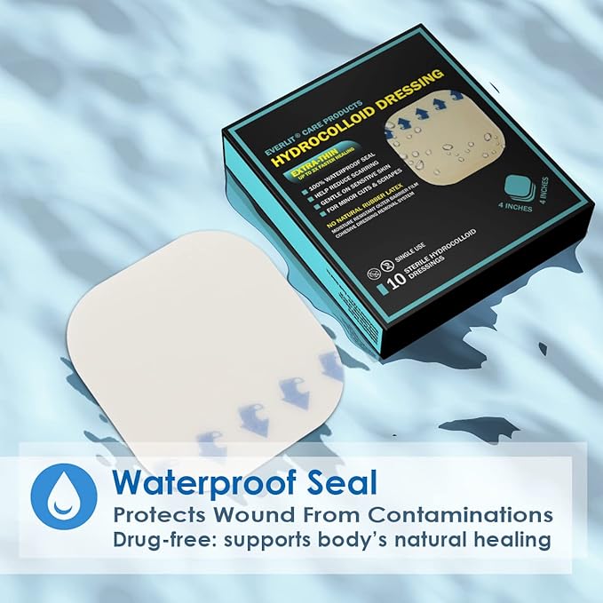 EVERLIT Hydrocolloid Wound Dressing | Waterproof Adhesive Bandage 4" x 4" [Pack of 10] | Sterile, Advanced Healing for Acne Breakout, Bed Sores, Ulcers and Blisters (Ultra-Thin Hydrocolloid Bandage)