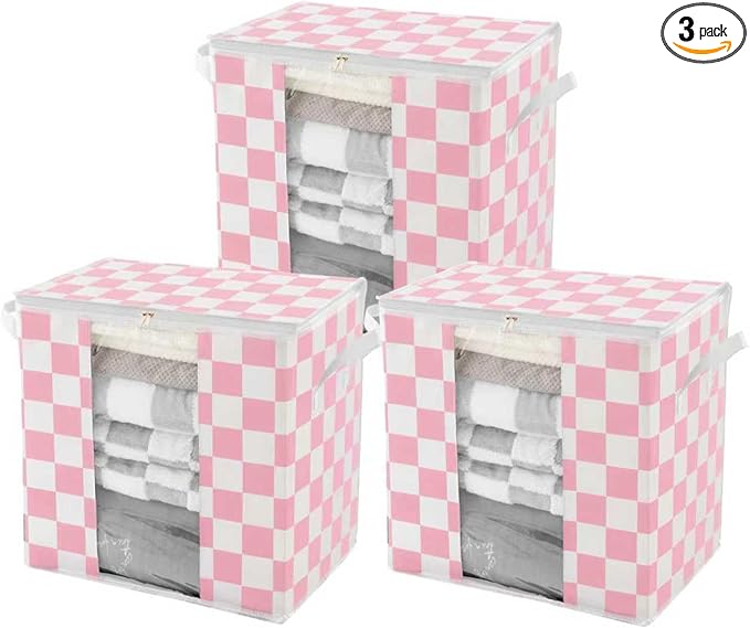 Pink Checkered Clothes Storage Bins, 100L Large Blanket Storage Bags 3 Pack, Closet Organizers and Storage Containers for Comforters, Bedding, Foldable Organizer with Handle