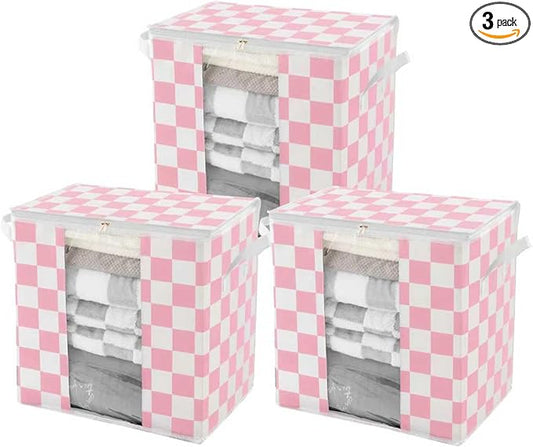Pink Checkered Clothes Storage Bins, 100L Large Blanket Storage Bags 3 Pack, Closet Organizers and Storage Containers for Comforters, Bedding, Foldable Organizer with Handle
