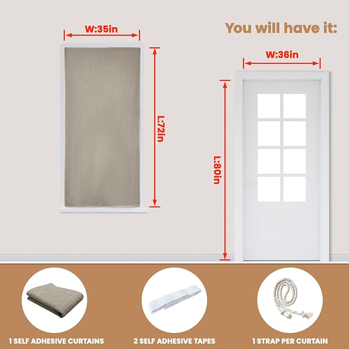 Adhesive Curtain,100% Blackout Shades,No Rod,Easy to Install,Provides Privacy Protection for Bedrooms (Light Coffee - W35 × L72 in)