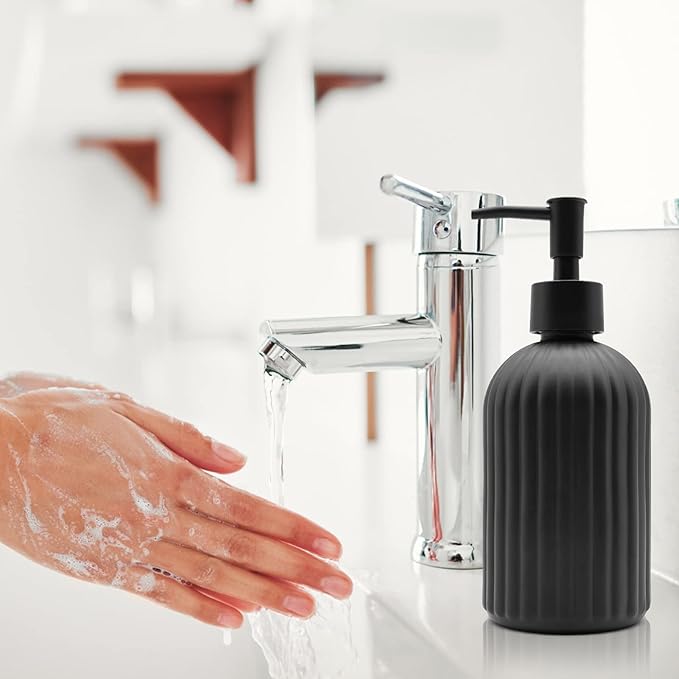 2 Pack Glass Soap Dispenser Bottle with Pump, 14 Oz Refillable Liquid Hand Jar Dispenser for Bathroom, Countertop, Kitchen, Laundry Room (Black)