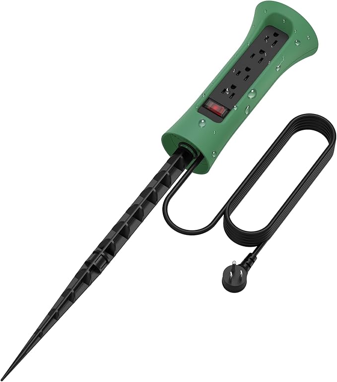 CCCEI Outdoor Power Strip Weatherproof with Stake, Waterproof Extension Cord with Multiple Outlets, Christmas Exterior Garden Decor, Yard, Camping, 4 Plugs, Surge Protector 10FT, Green.