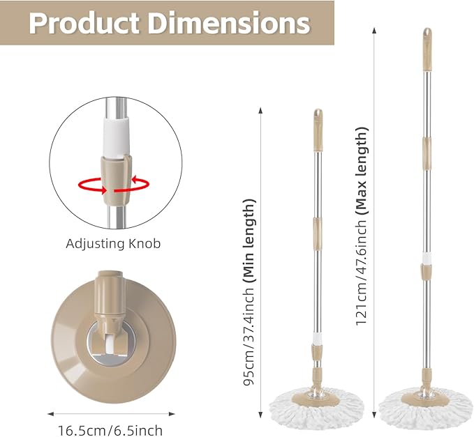 Spin Mop Replacement Handle, 47.6-inch 360 Degrees Rotating Telescopic Replacement Mop Stick with Robust Reinforced Plastic Disc for Spin Mop Bucket Cleaning System (Plastic Disc,Khaki)