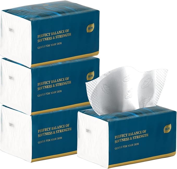 Small Soft Facial Tissue, Bag Cover, NOT In Box, Disposable Facial Napkin, Material Wood Pulp Fiber NOT COTTON, White Facial Paper Tissue, 4-Ply, 4 Packs, 480 Sheets per Pack