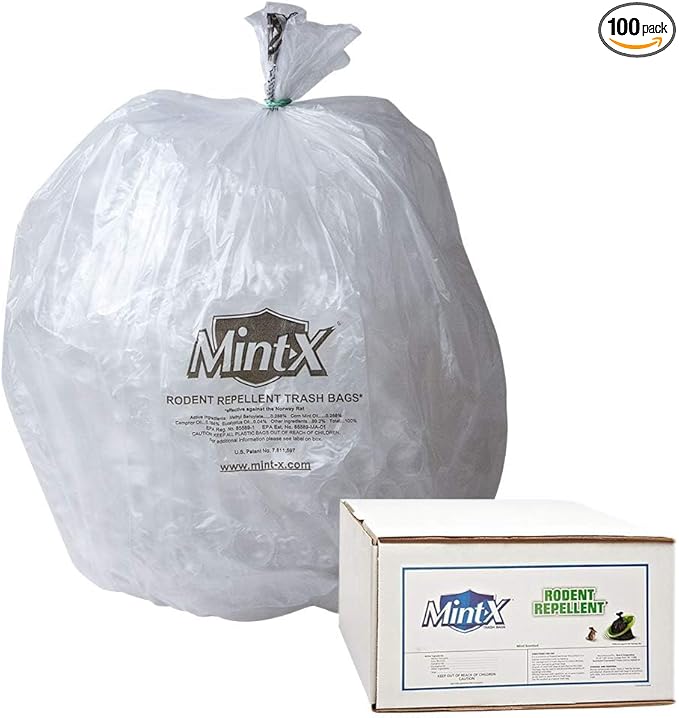 Mint-X Rodent Repellent Trash Bags, 1.7 Mil, Flat Seal, 47" Height x 43" Length, Clear (Pack of 100)