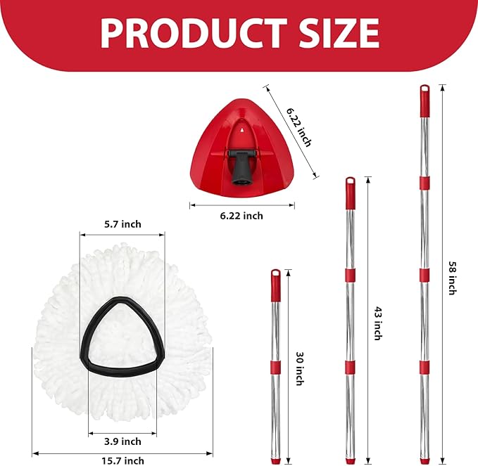 Spin Mop Replacement Set for O-Ceda EasyWring 1-Tank System, Includes 2 Mop Head Replacement, 1 Mop Handle (30-58in Adjustable 4-Section Pole), 1 Spin Base