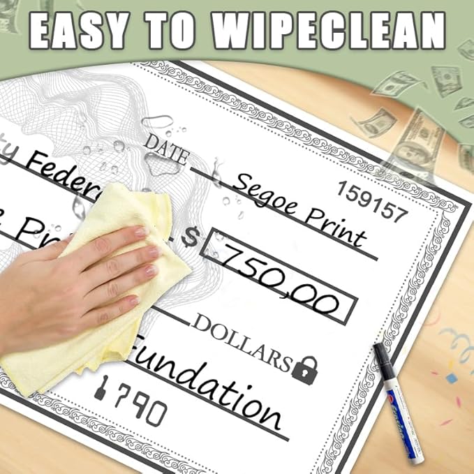 Giant Check Oversized 40"x16" Dry Erase Ceremony Check | School Award Plaque & Fundraising Progress Tracker | Reusable Waterproof Sign for Classrooms