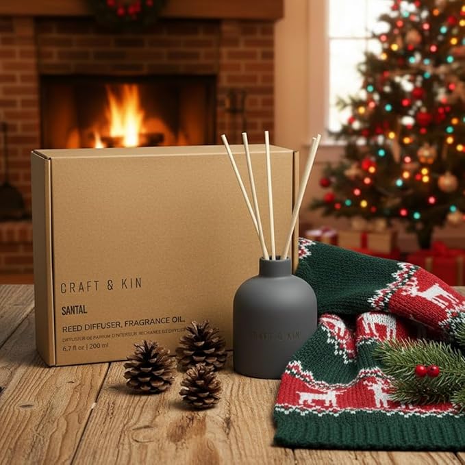 Craft & Kin Christmas Reed Diffuser for Home & Bathroom – Santal Woods Holiday Reed Diffuser Set with Fragrance Sticks, Long-Lasting Alcohol-Free Winter Scent, Earthenware Collection, 6.7oz