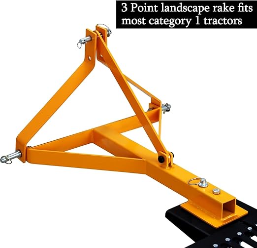 5 FT Landscape Rock Rake, 3 Point Attach Rake with 360 Degree Rotation Tow-Behind Garden Tool for Compact Tractors, Category 1