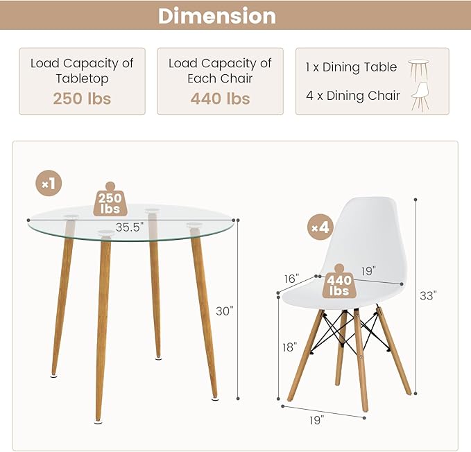 Tangkula 5-Piece Dining Table Set for 4, Kitchen Table Set with Seat, Solid Wood Legs, Metal Frames & Tempered Glass Tabletop, Round Dinner Table & 4 Chairs for Home, Natural