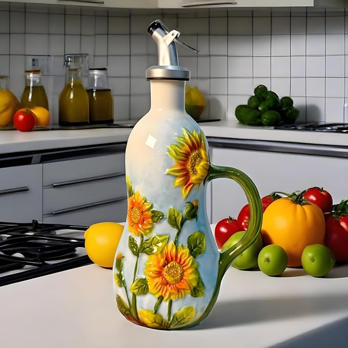 18 oz Hand-Painted Relief Ceramic Olive Oil Bottle Dispenser, with Handle Decorative Olive Oil Dispenser Bottle, for Kitchen Ceramic Oil Vinegar Bottle Seasoning Bottle with Stainless Steel Pour Spout