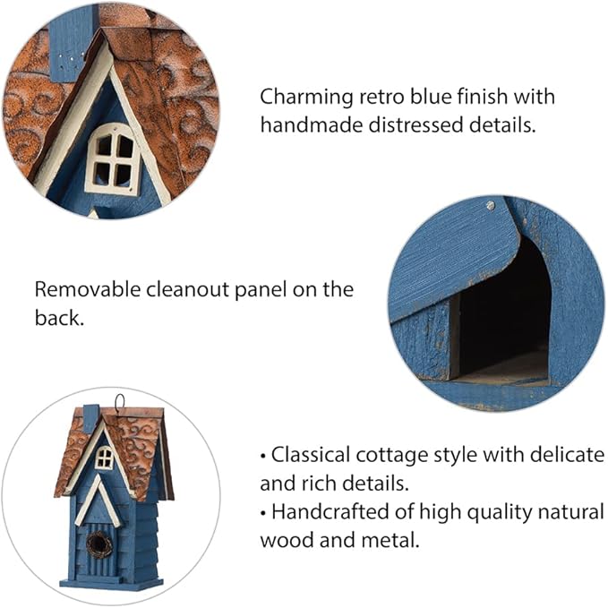 Glitzhome 12" H Retro Blue Distressed Solid Wood Cottage Birdhouse Hanging Bird House for Outdoors