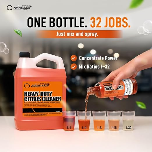 Nanoskin Heavy-Duty Citrus Cleaner & Degreaser Concentrate 5 Gallon, Low-Foam Solvent, Dilutes up to 1:32, Cuts Grease Tar Adhesives, Safe on Metal Concrete Engines, For Auto Detailing, Shop & Home