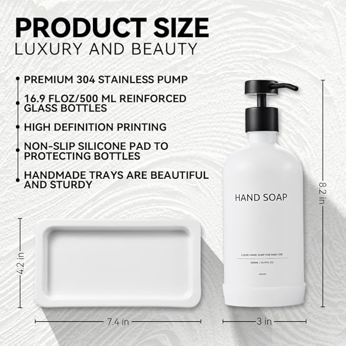 Glass Kitchen Soap Dispenser Set with Ceramic Tray,16.9 floz Hand and Dish Soap Dispenser for Kitchen and Bathroom Decor,White and Black Kitchen Accessories(White Bottles+Black Bottles)