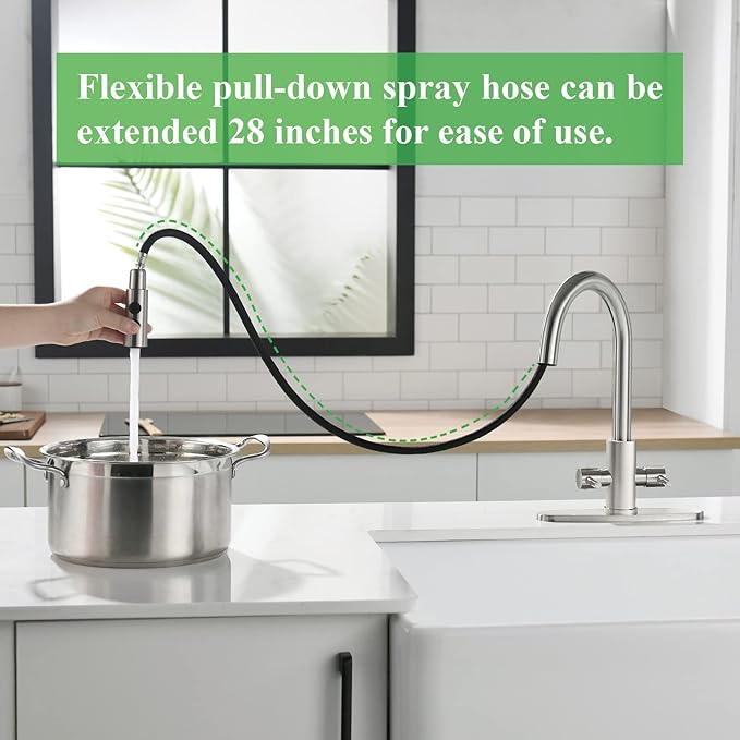 Kitchen Faucet, Two Handles Sink Faucet with Sprayer, Stainless Steel, Brushed Nickel, PB1045