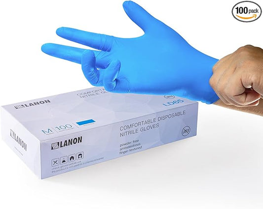 LANON Disposable Nitrile Gloves, Silicone-Free, Food-Safe, Chemical Resistant, Powder-Free, Textured Fingertips, Cooking, Cleaning, Blue, Medium
