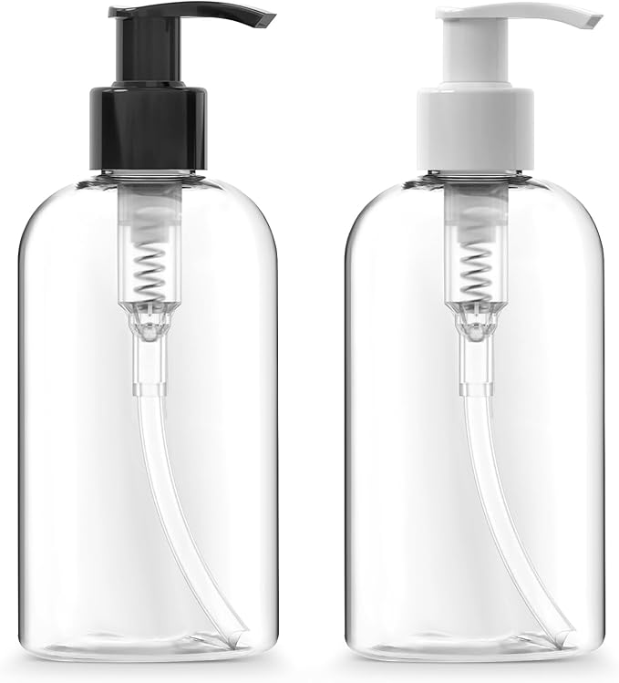 Bar5F Plastic Bottles with Pump Dispenser, 8 oz | Leak Proof, Empty, Clear Refillable, BPA Free for Body Wash, Moisturizer, Face Cream, Liquid Soap | Black & White Pumping Caps | Set of 2
