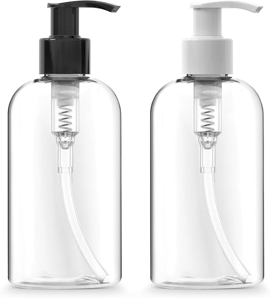 Bar5F Plastic Bottles with Pump Dispenser, 8 oz | Leak Proof, Empty, Clear Refillable, BPA Free for Body Wash, Moisturizer, Face Cream, Liquid Soap | Black & White Pumping Caps | Set of 2