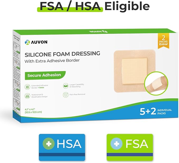 AUVON Silicone Foam Dressing with Large Adhesive Border, 4" x 4" 7 Packs Wound Dressing Bandage with High Absorbency, Waterproof Silicone Foam Pads for Wound Care & Protection Plus Cushioning