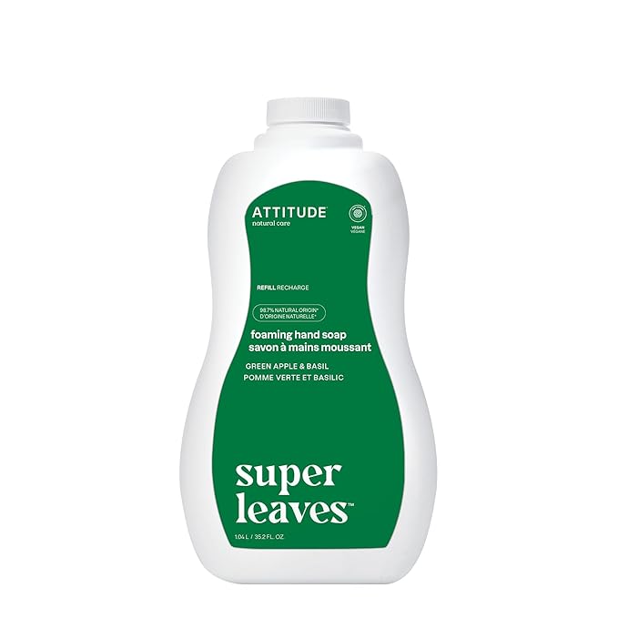 ATTITUDE Foaming Hand Soap, EWG Verified, Plant and Mineral-Based Ingredients, Vegan and Cruelty-free Personal Care Products, Green Apple & Basil, Bulk Refill, 35.2 Fl Oz