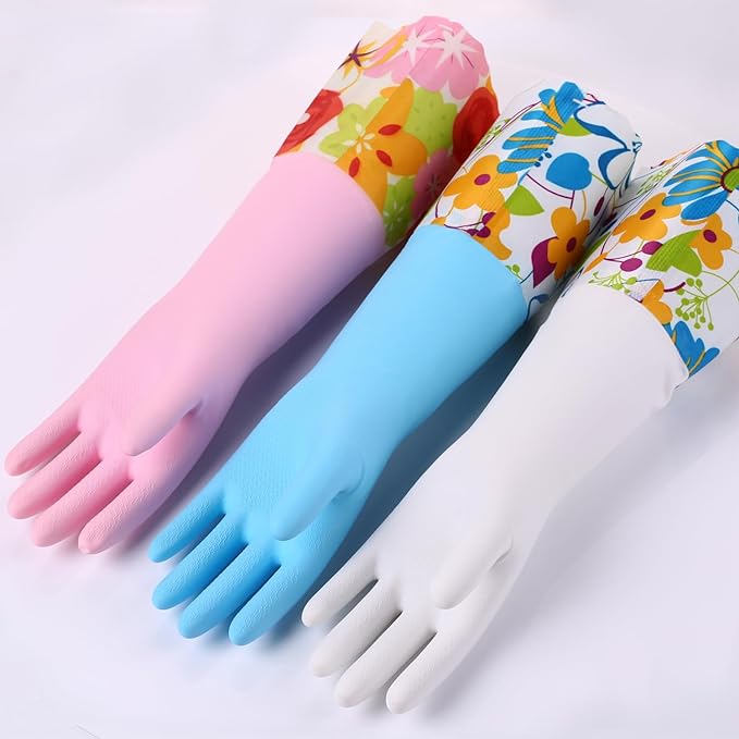 Bamllum 3 Pairs Rubber Cleaning Gloves, Household Kitchen Dishwashing Gloves with Cotton Flocked Liner, Long Cuff 16 Inches, Reusable, Non-Slip (Large, Blue+Pink+White)