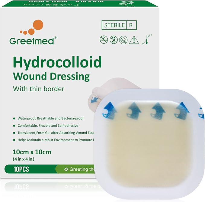 Hydrocolloid Bandages 4" x 4" with Thin Border Large Hydrocolloid Dressing, Self Adhesive Big Waterproof Highly Absorbent Hydrocolloid Patch for Burn Bedsore, Bliste, Acne Care(10 Pack)