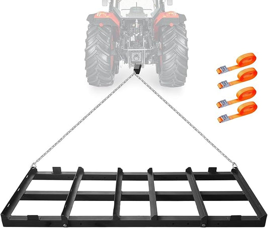 GarveeLife Drag Harrow Lawn Tractor, 4 ft Heavy Duty Driveway Drag with Chain for Gravel, 4 Safety Belts, Tow Behind Lawn Rake for ATV, Farm Field Garden