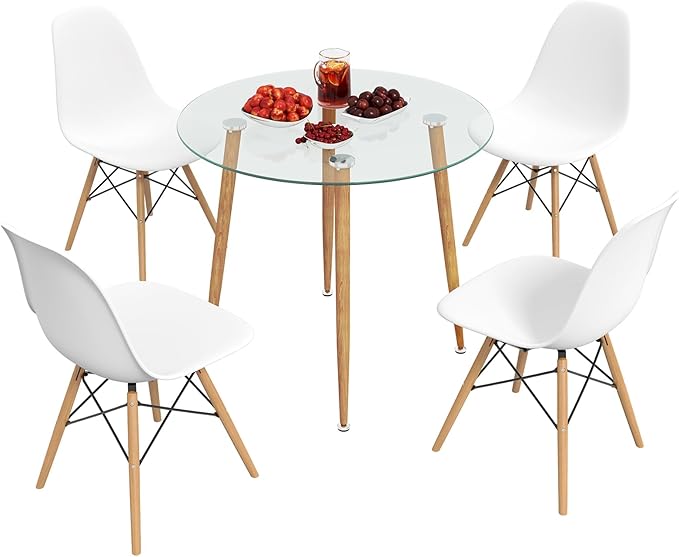 Tangkula 5-Piece Dining Table Set for 4, Kitchen Table Set with Seat, Solid Wood Legs, Metal Frames & Tempered Glass Tabletop, Round Dinner Table & 4 Chairs for Home, Natural